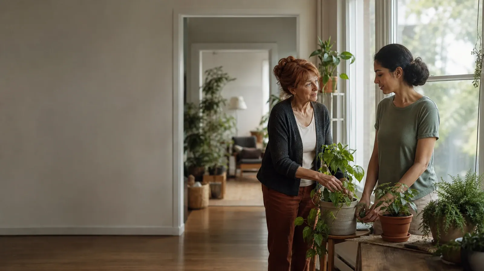 Medication Education After Residential Care | Two adults tend houseplants and talk Two adults tend houseplants and talk · Medication Education After Residential Care