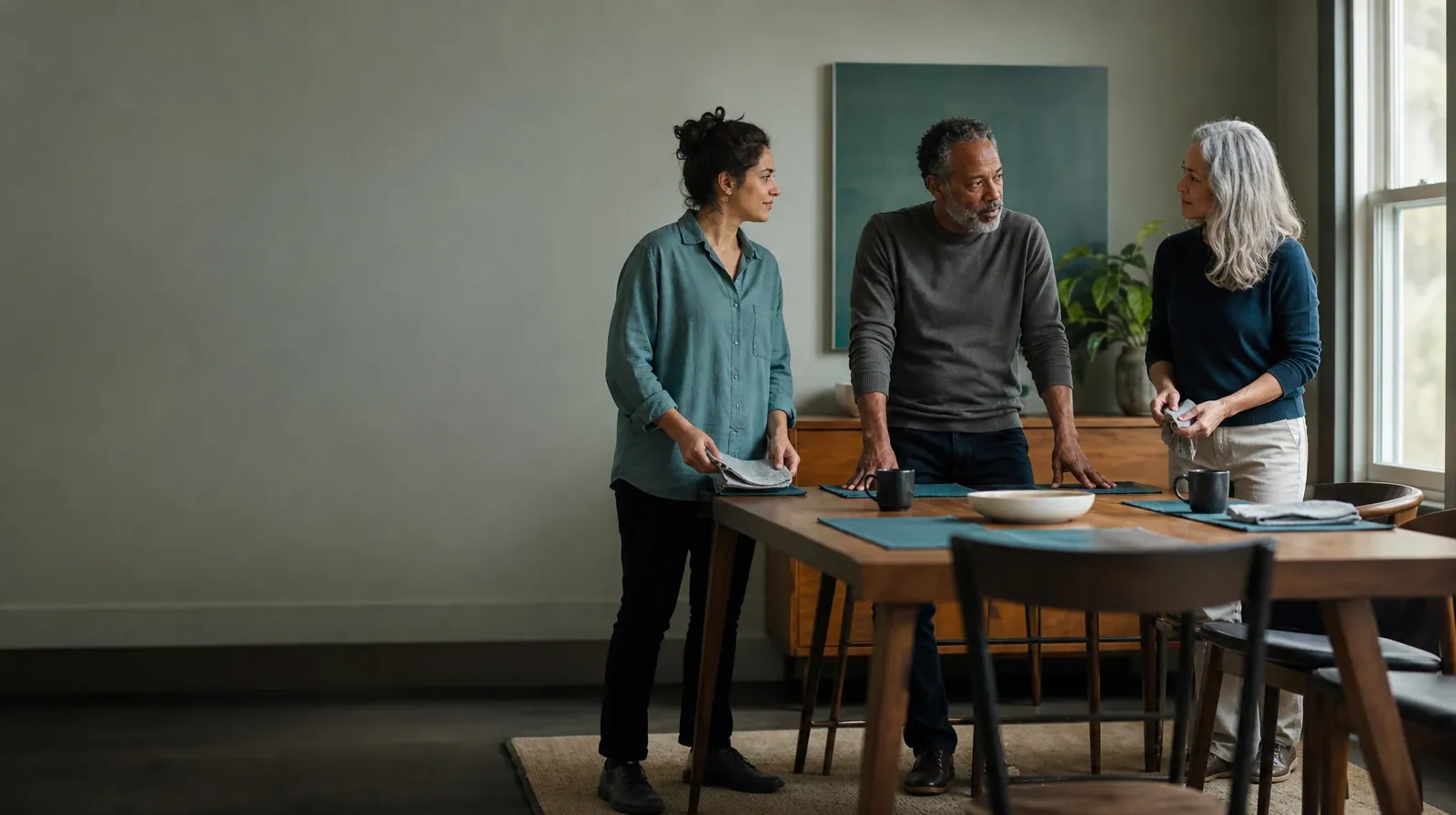 Daily Routines and Medication Education | Three adults pause while setting a plain table Three adults pause while setting a plain table · Daily Routines and Medication Education