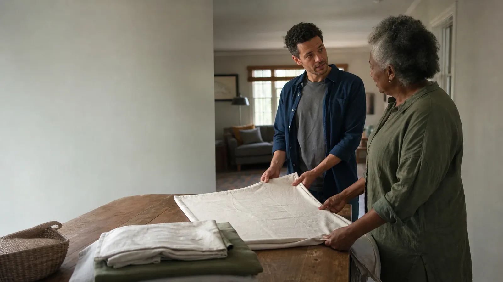 Family Involvement and Medication Education | Two adults fold a plain cloth together Two adults fold a plain cloth together · Family Involvement and Medication Education