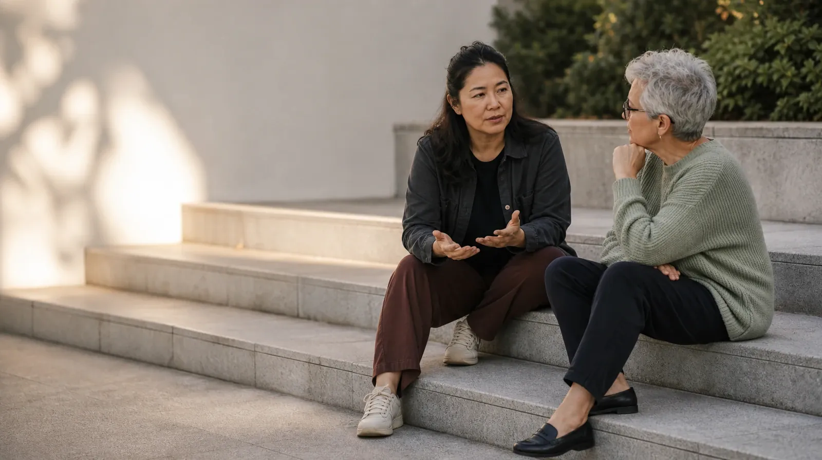 First Conversation About Medication Education | Two adults talk while seated on broad steps Two adults talk while seated on broad steps · First Conversation About Medication Education