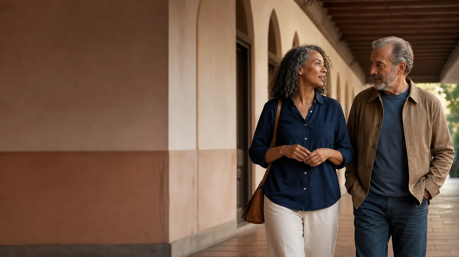 Medication Questions and Treatment Education | Two adults walk and talk beneath a covered arcade Two adults walk and talk beneath a covered arcade · Medication Questions and Treatment Education