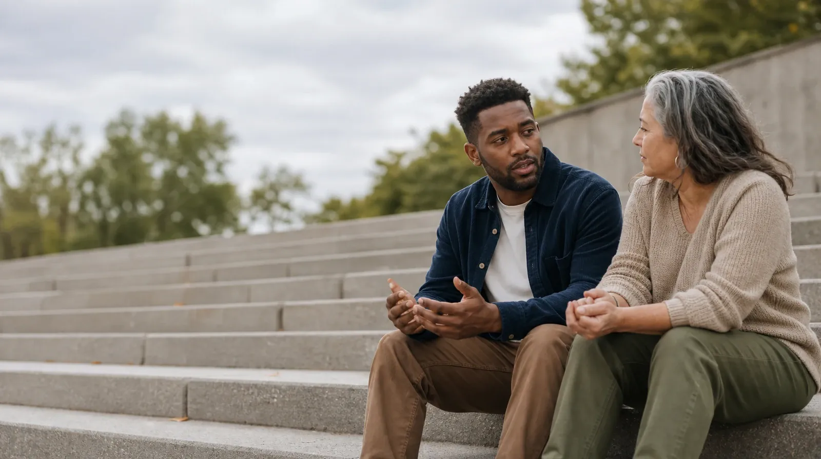 Two adults talk while seated on broad steps · Practicing Between Medication Education Sessions