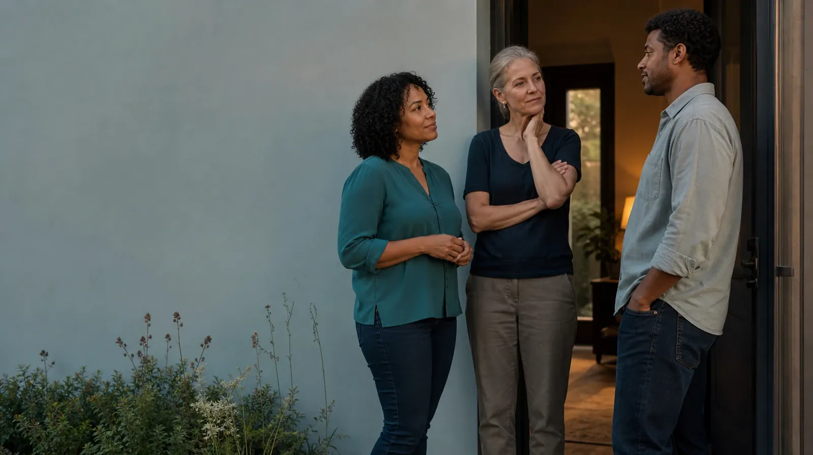 Three adults talk near an open home doorway · Preferences and Accessibility in Medication Education