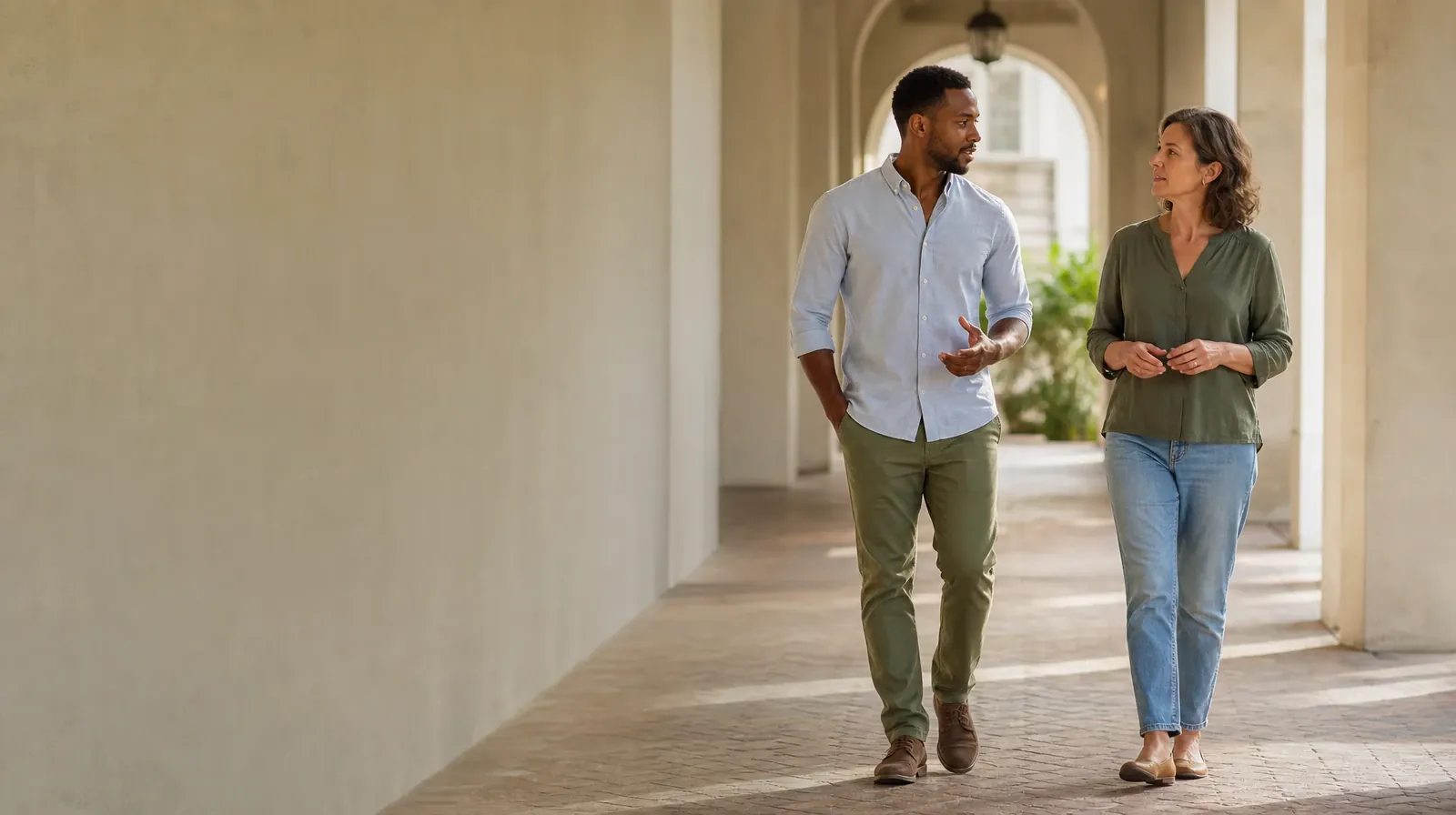 Two adults walk and talk beneath a covered arcade · Privacy and Consent in Medication Education