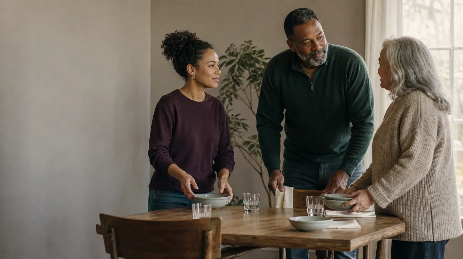 Three adults pause while setting a plain table · Qualified Practitioner Medication Education Questions