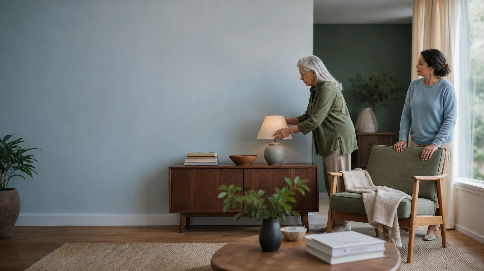 Reviewing Progress With Medication Education | An adult adjusts a lamp while another waits nearby An adult adjusts a lamp while another waits nearby · Reviewing Progress With Medication Education