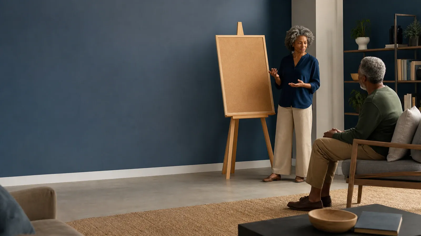 An adult talks beside a blank corkboard · Understanding Goals in Medication Education