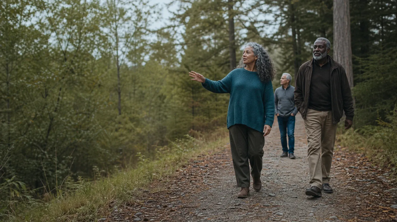 Three adults walk and talk on a wooded path · What to Expect From Medication Treatment Education