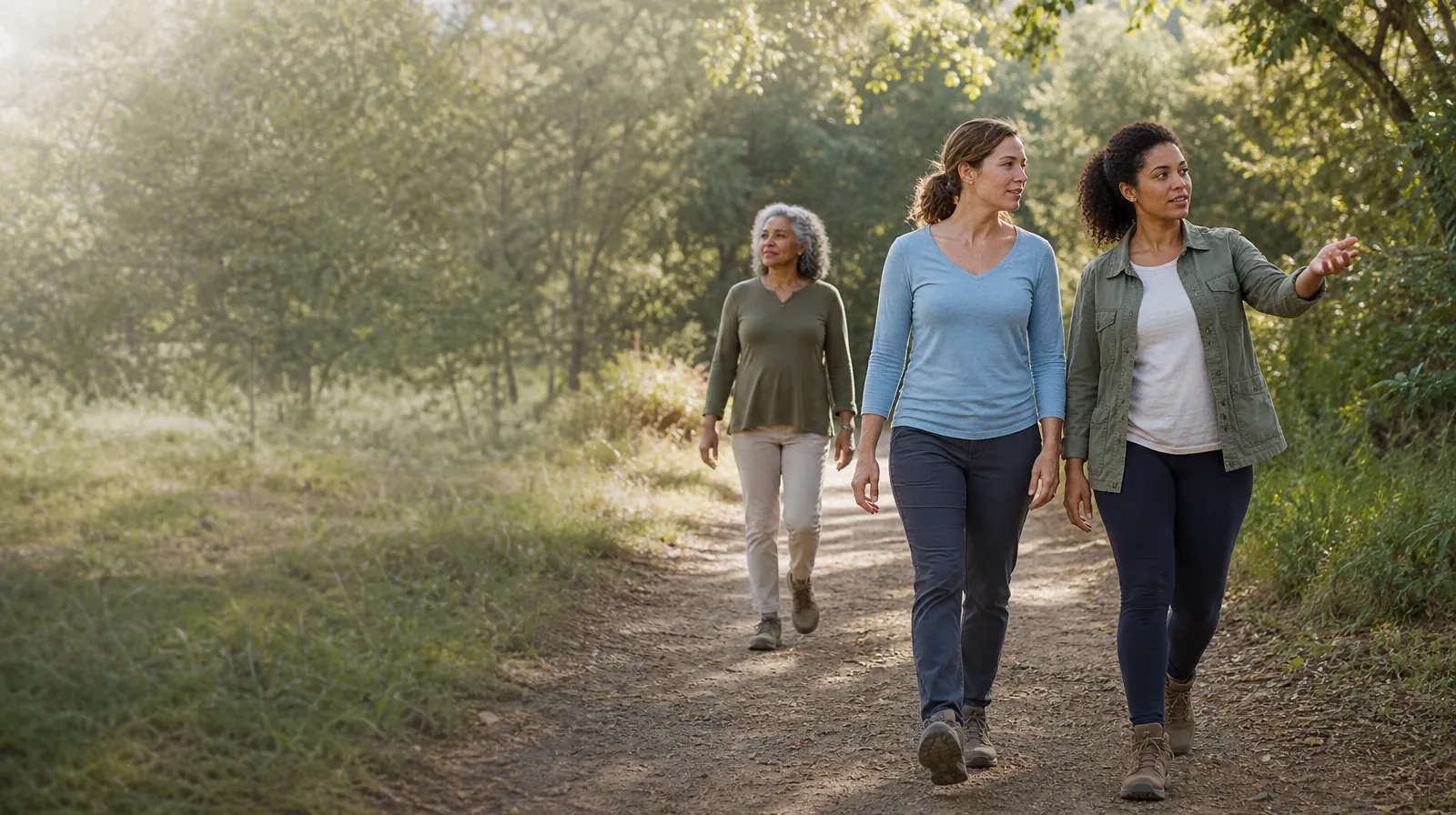Three adults walk and talk on a wooded path · Daily Routines and Mindfulness-based approaches in South Florida