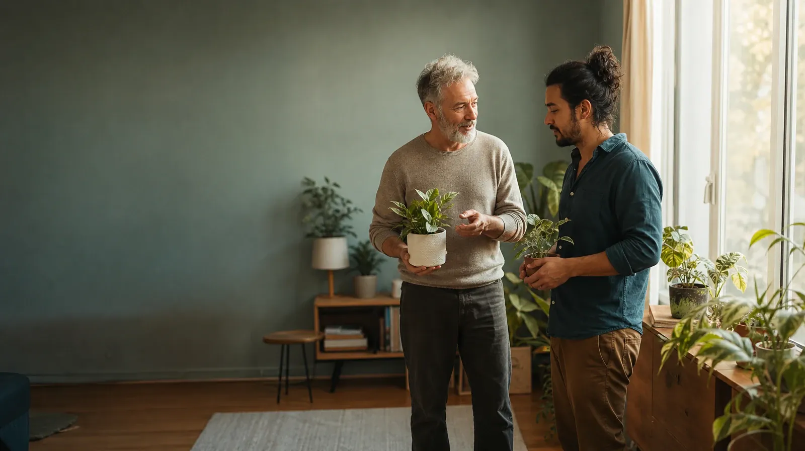 First Conversation About Mindfulness Approaches | Two adults tend houseplants and talk Two adults tend houseplants and talk · First Conversation About Mindfulness Approaches