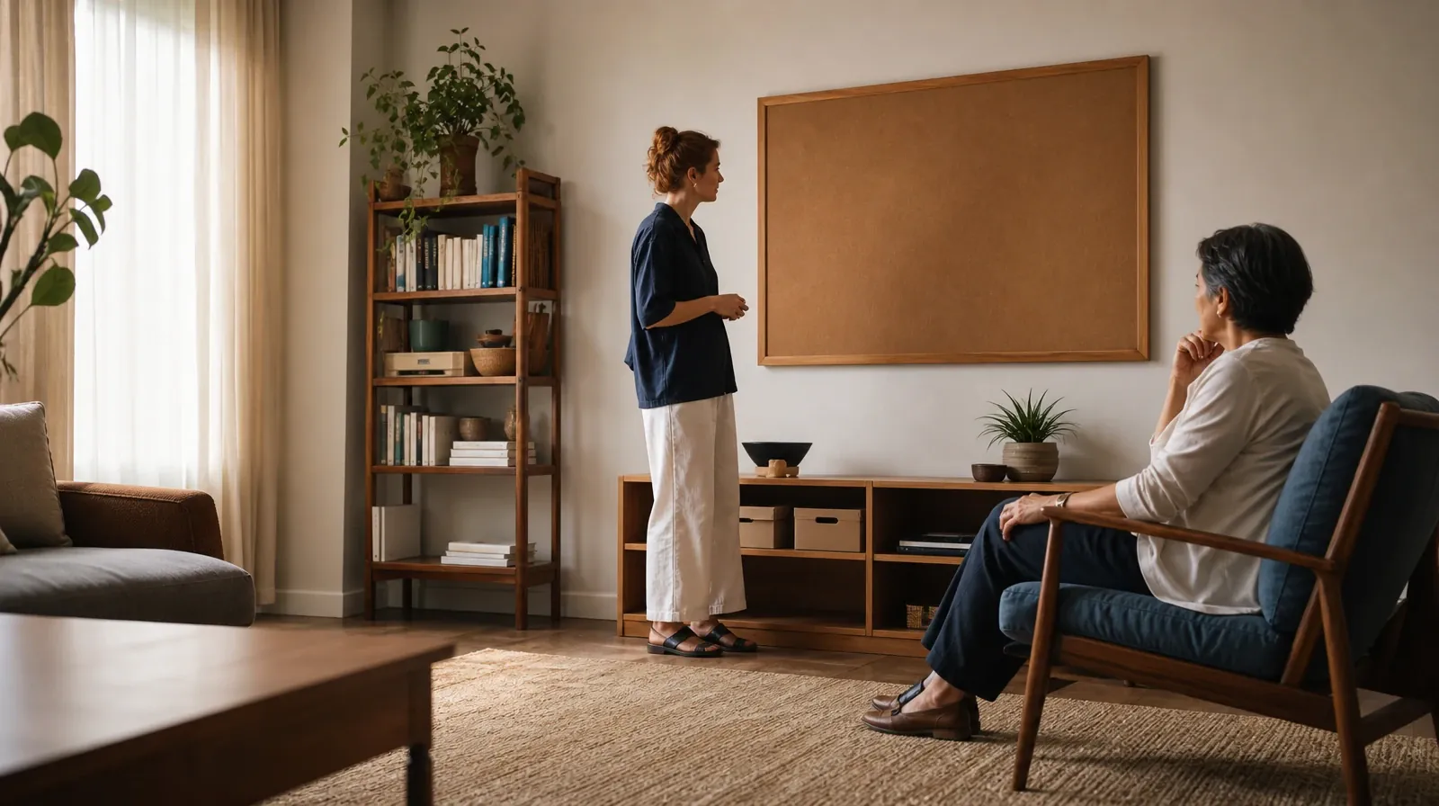 Individual and Group Mindfulness Formats | An adult talks beside a blank corkboard An adult talks beside a blank corkboard · Individual and Group Mindfulness Formats