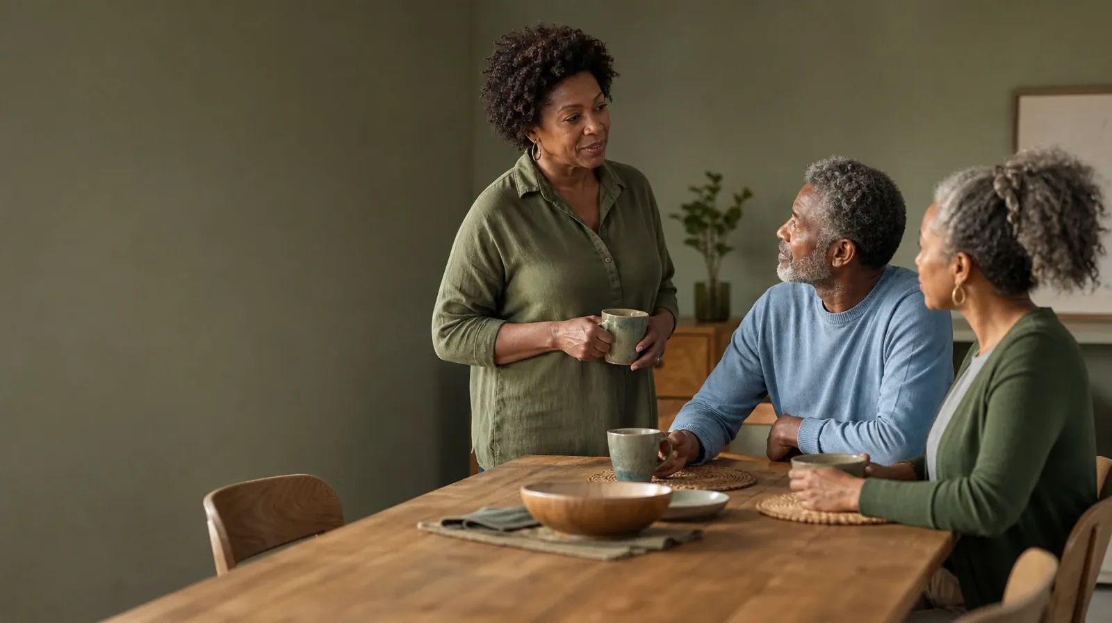 Preferences and Accessibility in Mindfulness | Three adults pause while setting a plain table Three adults pause while setting a plain table · Preferences and Accessibility in Mindfulness