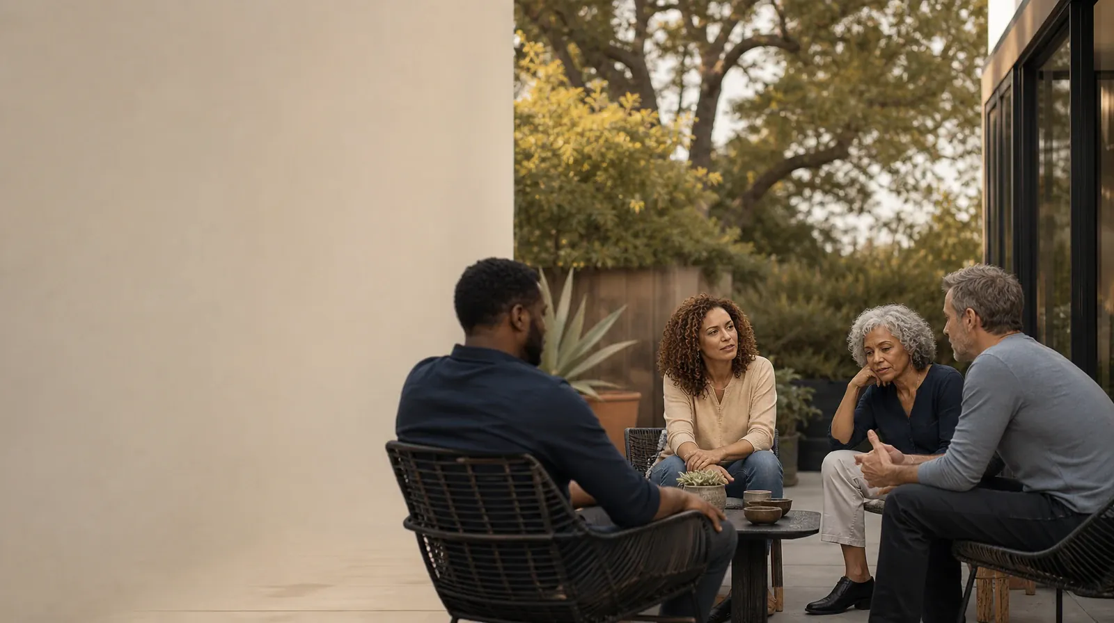 Qualified Mindfulness Practitioner Questions | Four adults share a casual patio conversation Four adults share a casual patio conversation · Qualified Mindfulness Practitioner Questions