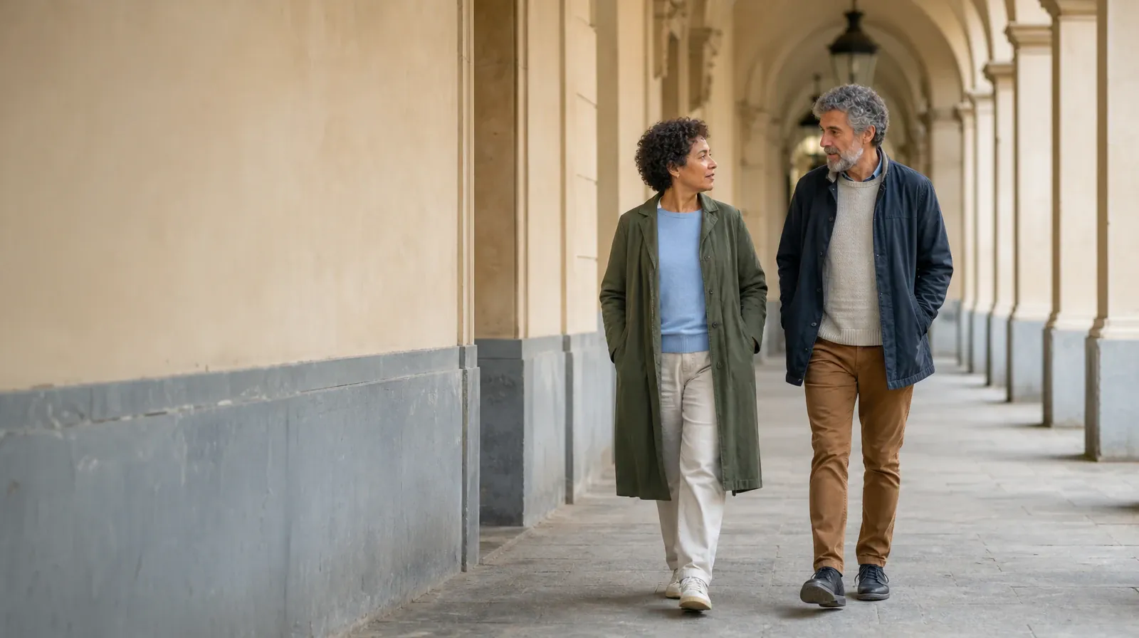 Reviewing Progress With Mindfulness-based Approaches | Two adults walk and talk beneath a covered arcade Two adults walk and talk beneath a covered arcade · Reviewing Progress With Mindfulness-based Approaches
