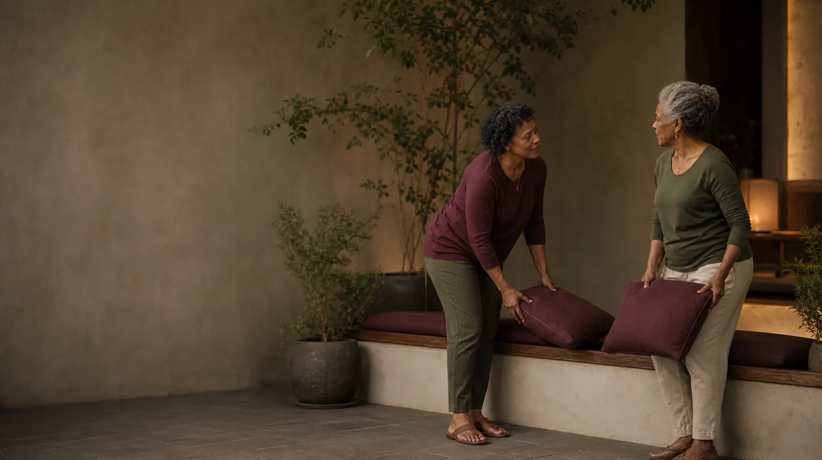 Understanding Goals in Mindfulness Approaches | Two adults pause while arranging cushions on a bench Two adults pause while arranging cushions on a bench · Understanding Goals in Mindfulness Approaches