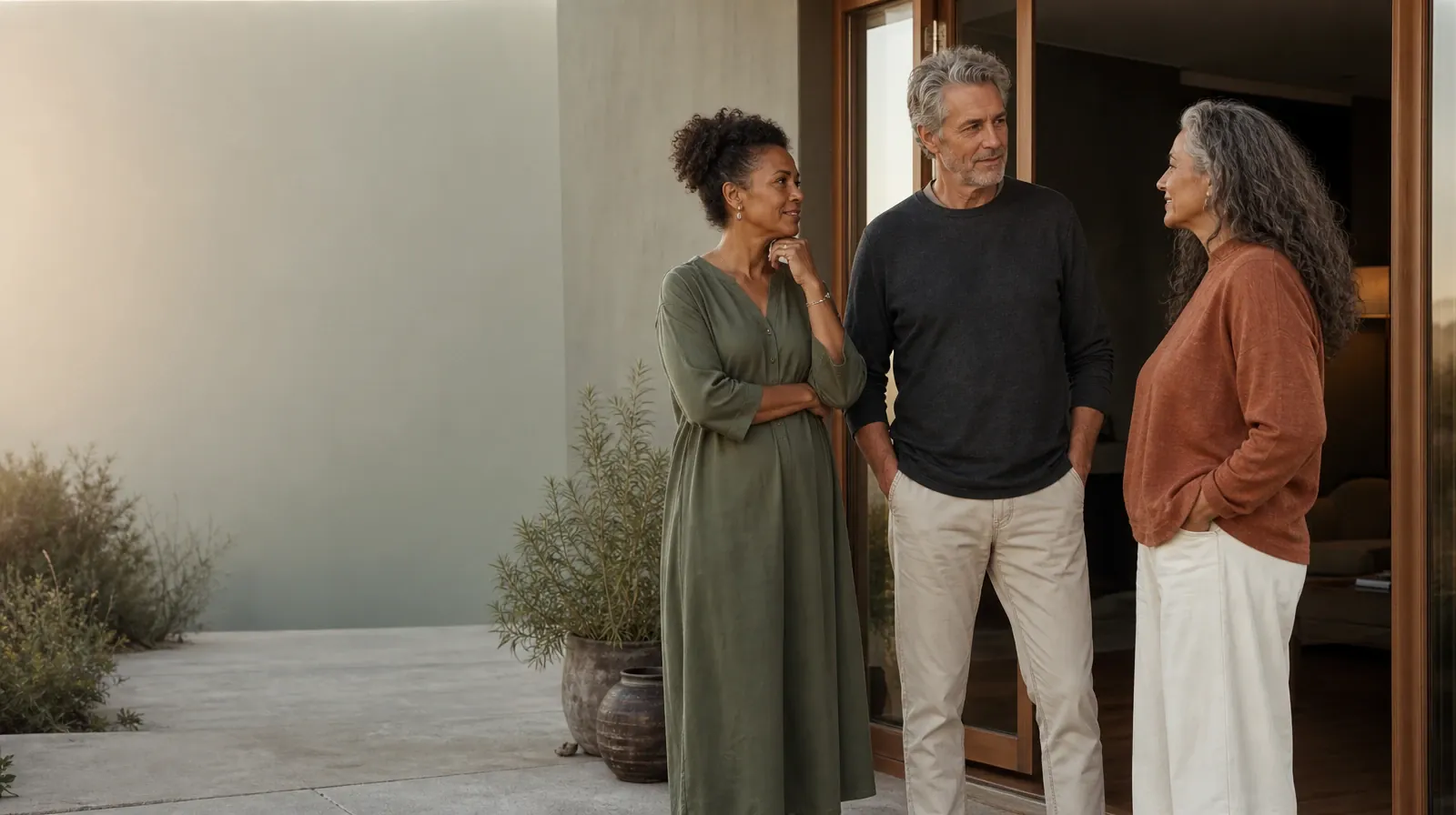 What to Expect From Mindfulness-based approaches in South Florida | Three adults talk near an open home doorway Three adults talk near an open home doorway · What to Expect From Mindfulness-based approaches in South Florida