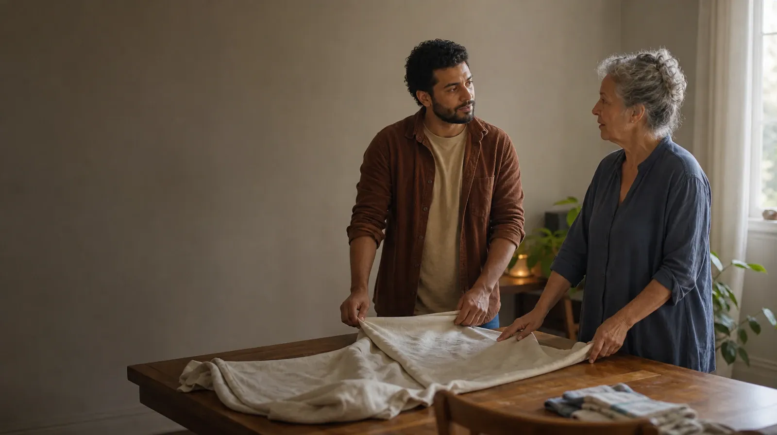 Family Involvement in Motivational Enhancement Therapy | Two adults fold a plain cloth together Two adults fold a plain cloth together · Family Involvement in Motivational Enhancement Therapy