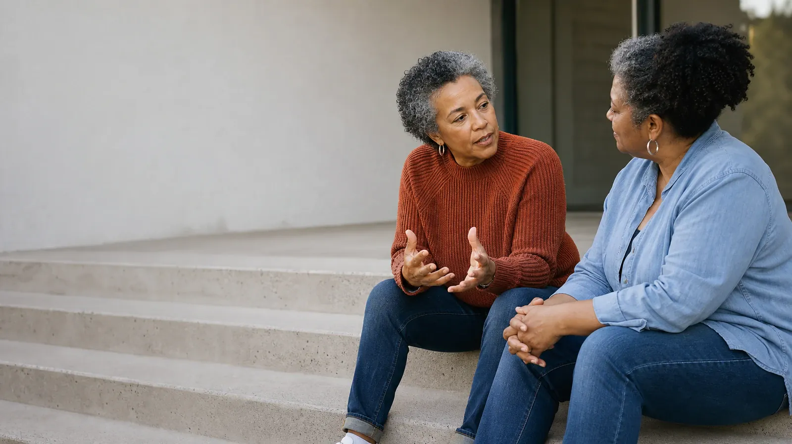 Two adults talk while seated on broad steps · First Conversation About Motivational Enhancement Therapy