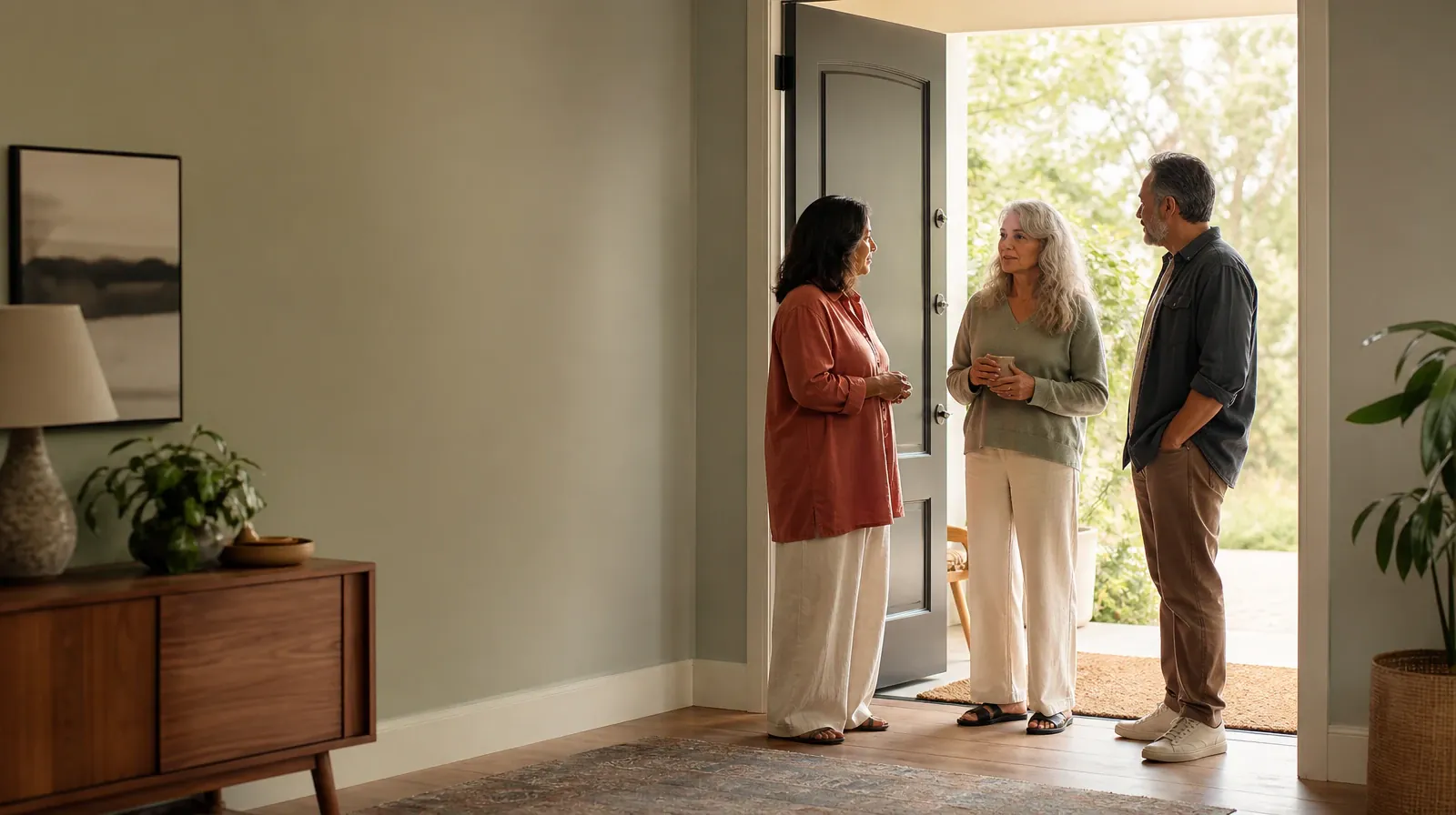 Three adults talk near an open home doorway · Practicing Between Motivational Therapy Sessions