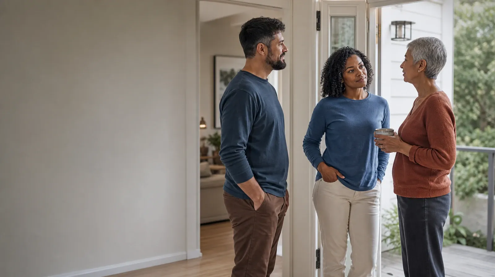 Three adults talk near an open home doorway · Preferences and Access in Motivational Therapy