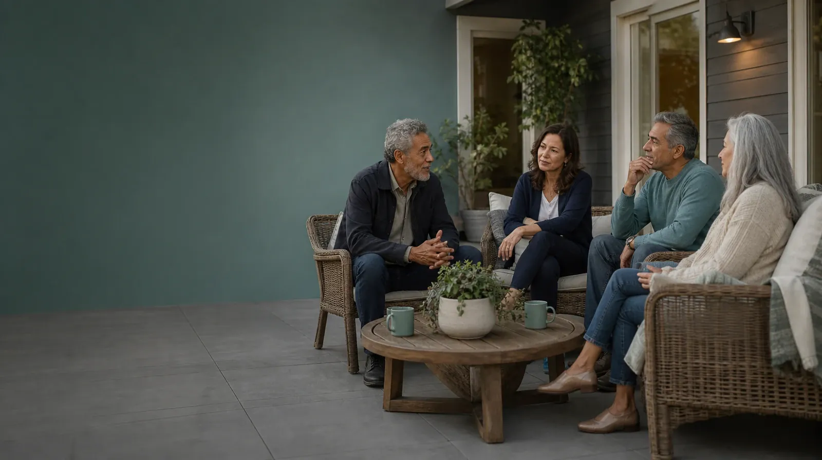 Privacy and Consent in Motivational Therapy | Four adults share a casual patio conversation Four adults share a casual patio conversation · Privacy and Consent in Motivational Therapy