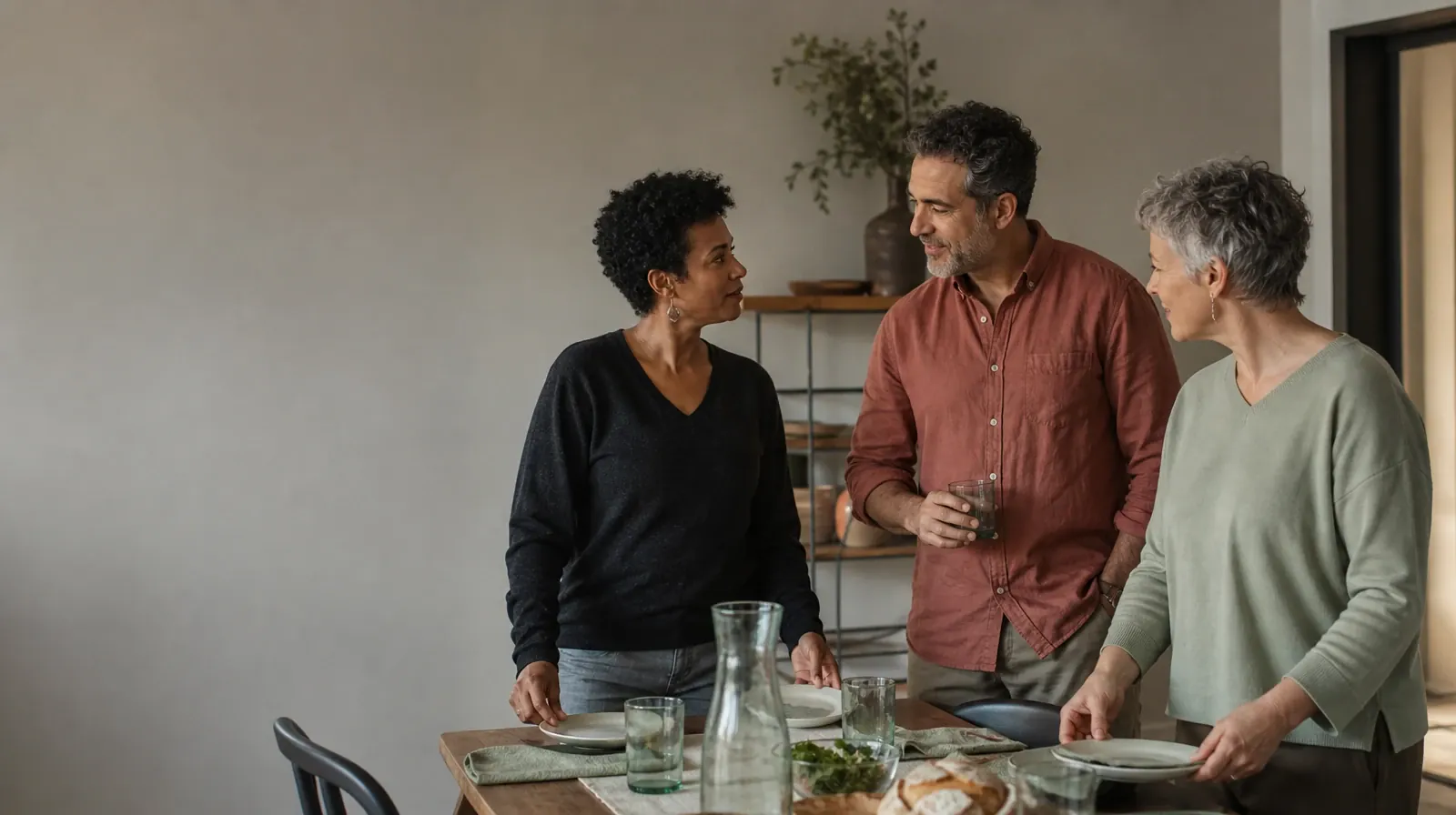Choosing a Motivational Enhancement Therapy Practitioner | Three adults pause while setting a plain table Three adults pause while setting a plain table · Choosing a Motivational Enhancement Therapy Practitioner