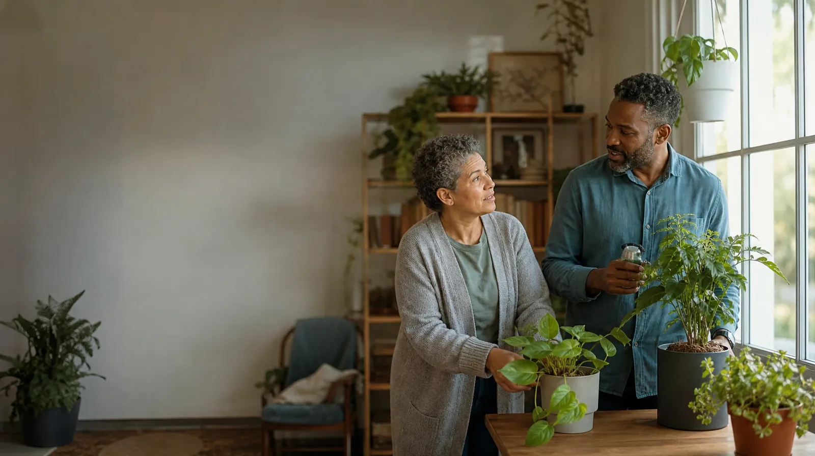 Reviewing Progress in Motivational Therapy | Two adults tend houseplants and talk Two adults tend houseplants and talk · Reviewing Progress in Motivational Therapy