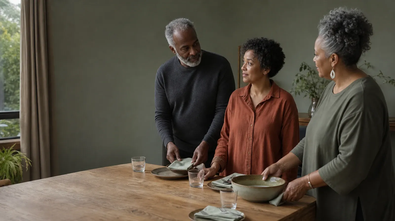 Three adults pause while setting a plain table · Family Involvement and Motivational interviewing in South Florida