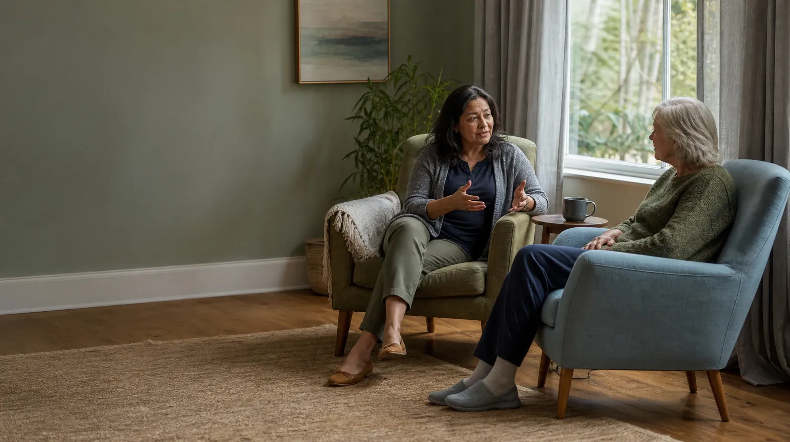 First Conversation About Motivational Interviewing | Two adults talk from separate armchairs Two adults talk from separate armchairs · First Conversation About Motivational Interviewing