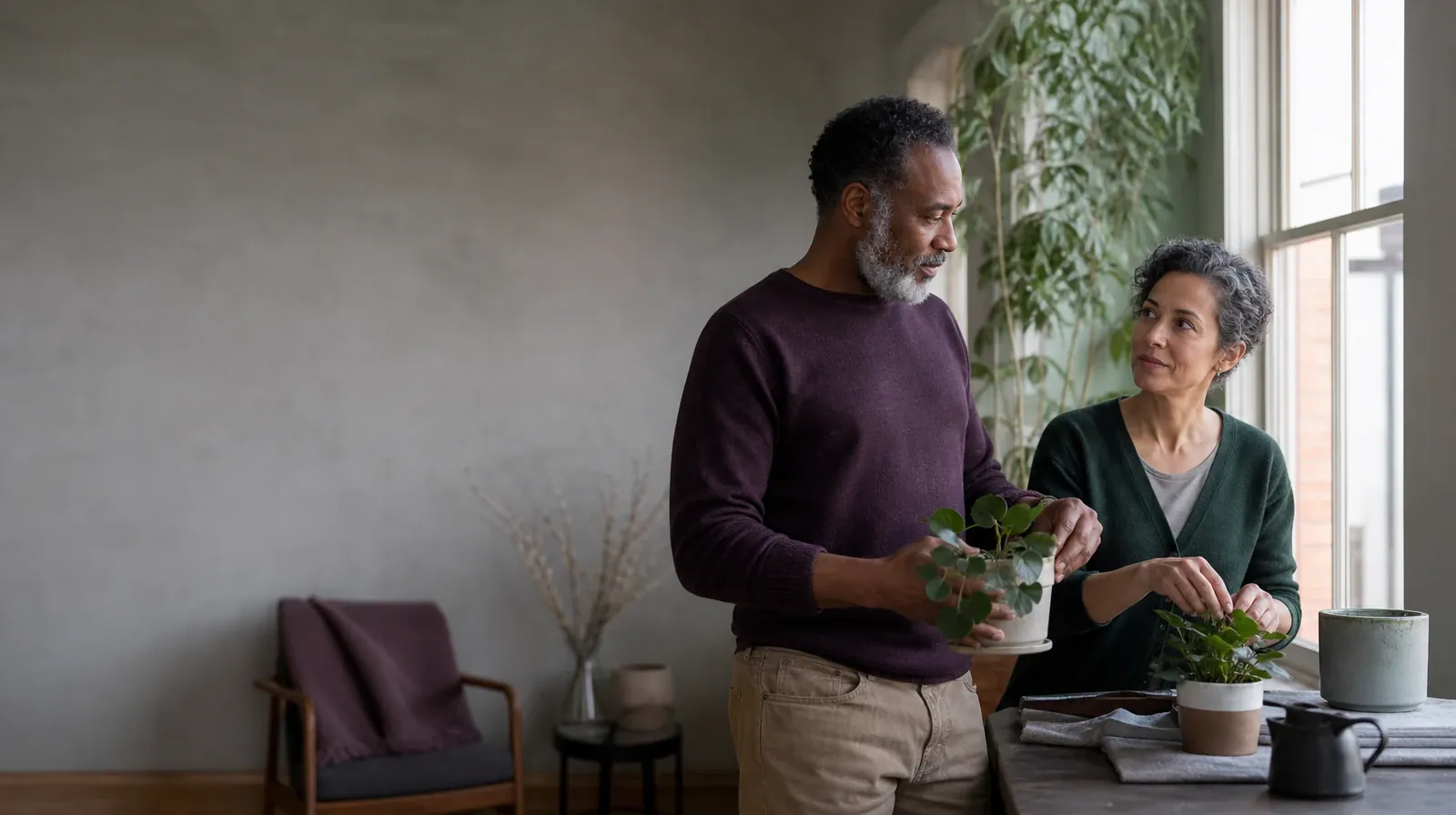 Two adults tend houseplants and talk · Individual and Group Motivational Interviewing