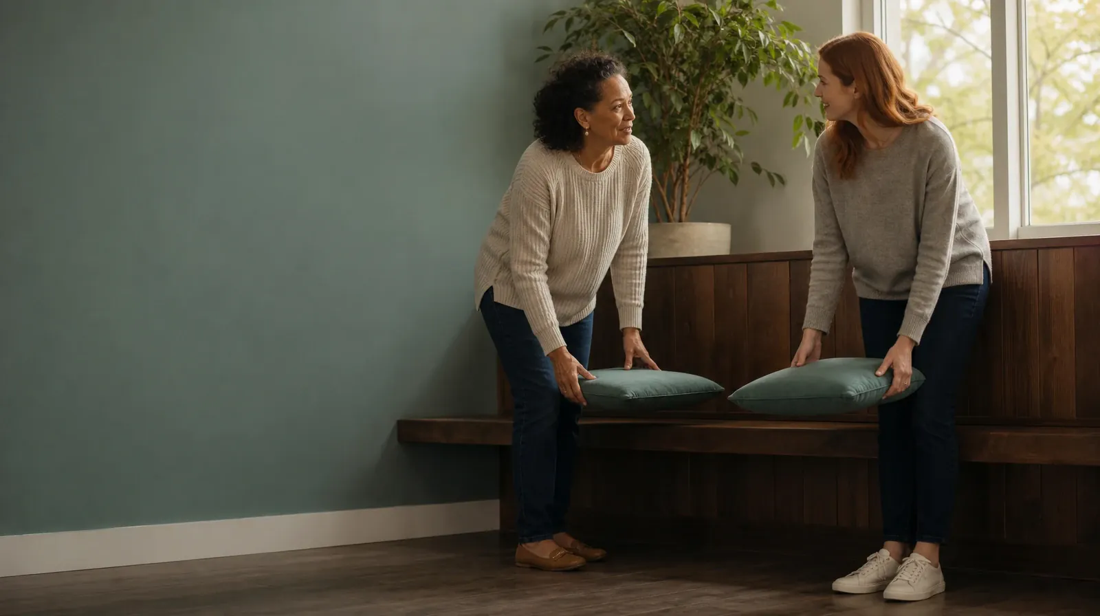 Two adults pause while arranging cushions on a bench · Medication Questions With Motivational Interviewing