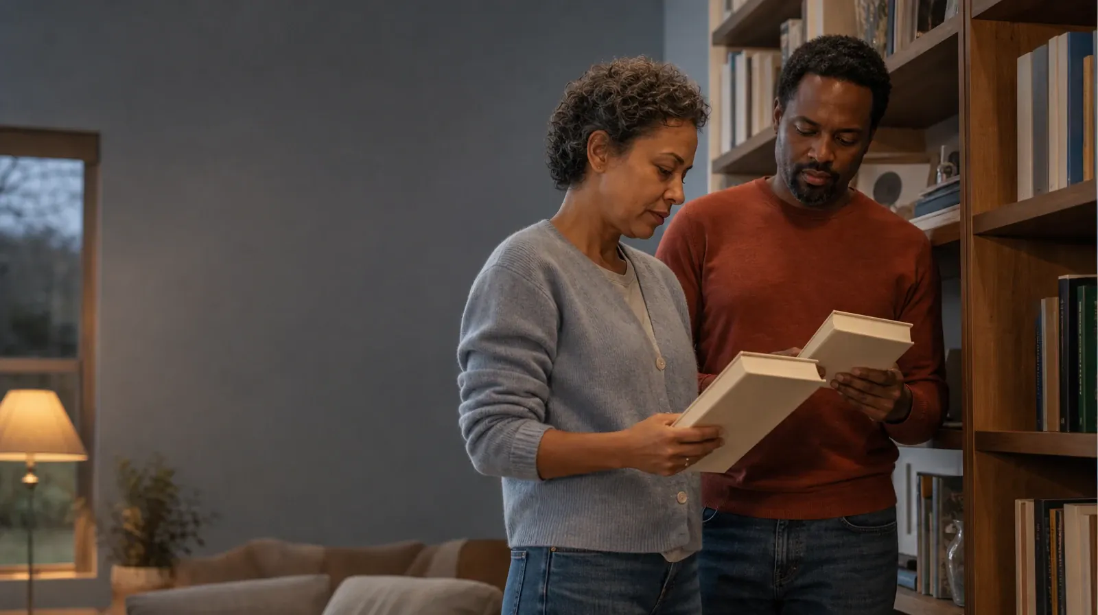 Two adults compare plain books beside a bookshelf · Privacy and consent in motivational interviewing in South Florida