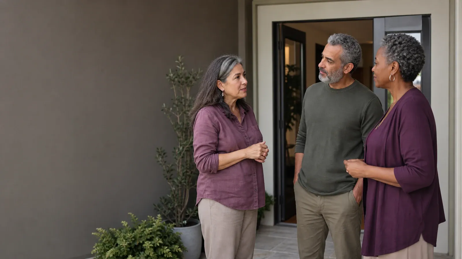 Three adults talk near an open home doorway · Questions to Ask About Motivational interviewing in South Florida