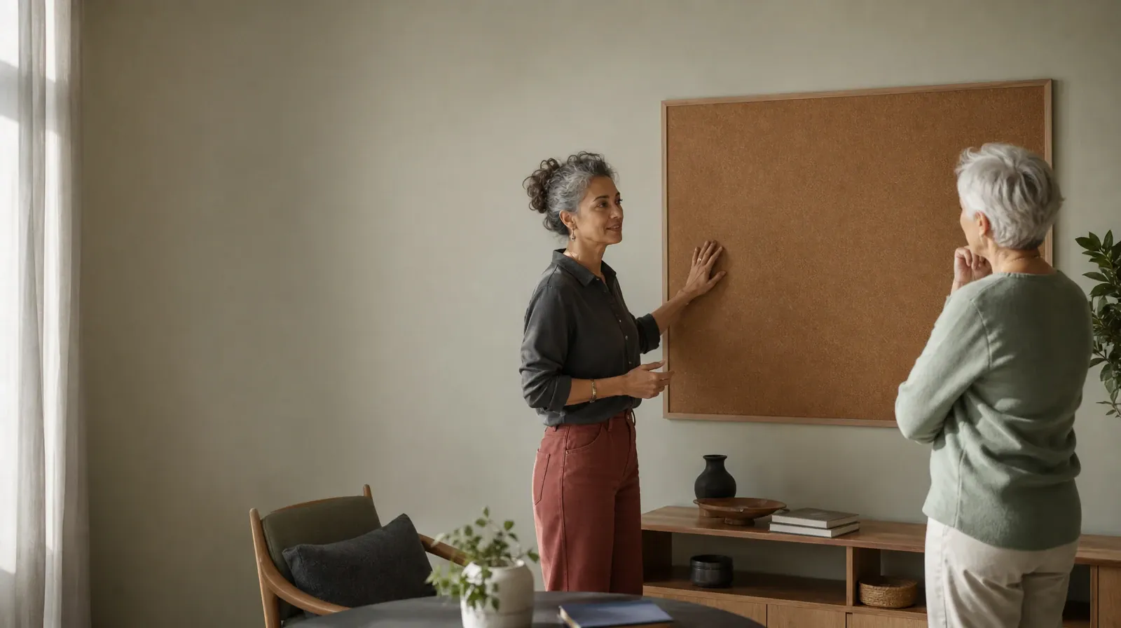 Reviewing Progress With Motivational Interviewing | An adult talks beside a blank corkboard An adult talks beside a blank corkboard · Reviewing Progress With Motivational Interviewing
