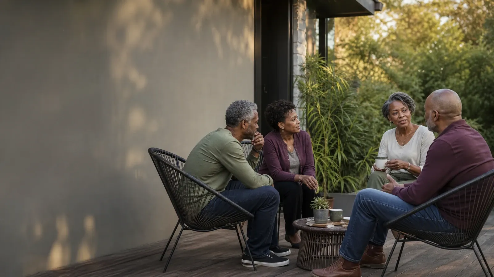 Understanding Goals in Motivational interviewing in South Florida | Four adults share a casual patio conversation Four adults share a casual patio conversation · Understanding Goals in Motivational interviewing in South Florida