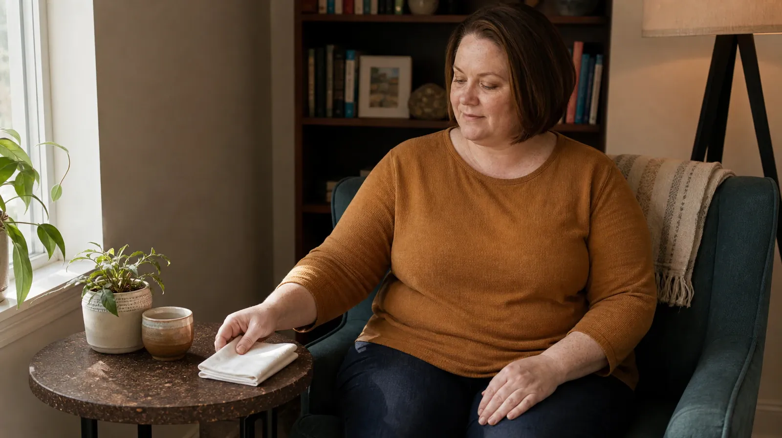 An adult sets a folded plain handkerchief on a small home table · After Residential Care and Music therapy in South Florida