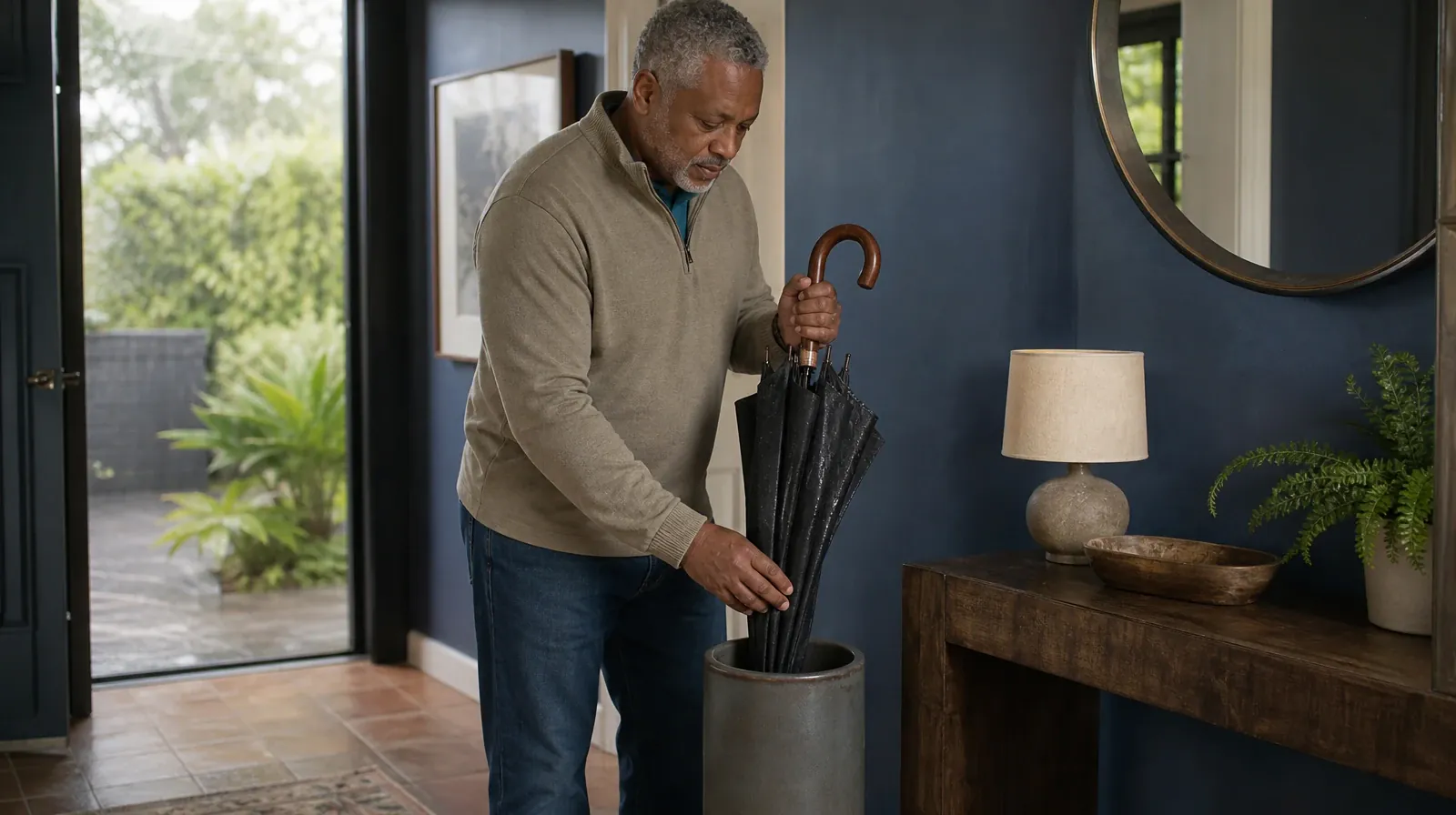 An adult places a closed wet umbrella in a plain stand inside a home… · Daily Routines and Music therapy in South Florida