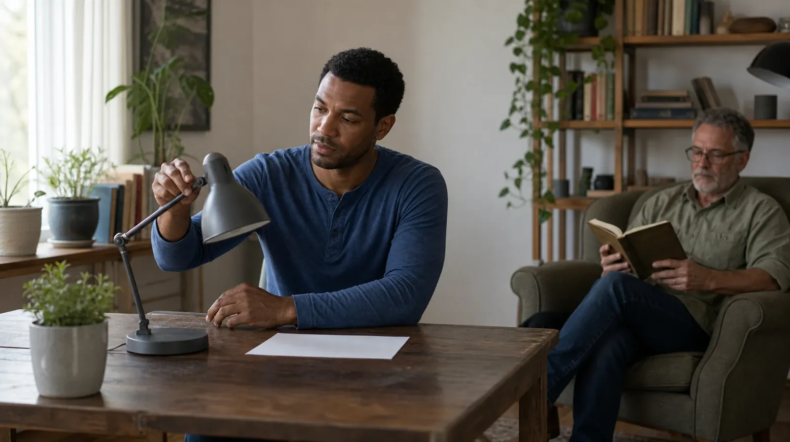 An adult adjusts a desk lamp beside blank paper · Family Involvement and Nutrition support in South Florida