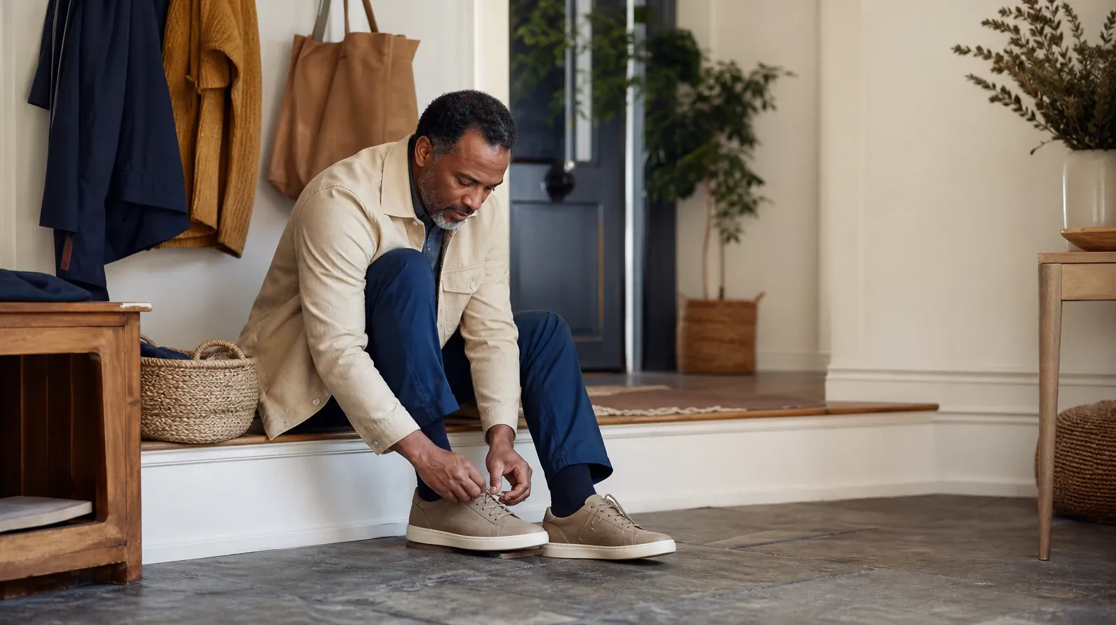 An adult ties a shoe on a low home step · Previous Experience With Nutrition support in South Florida