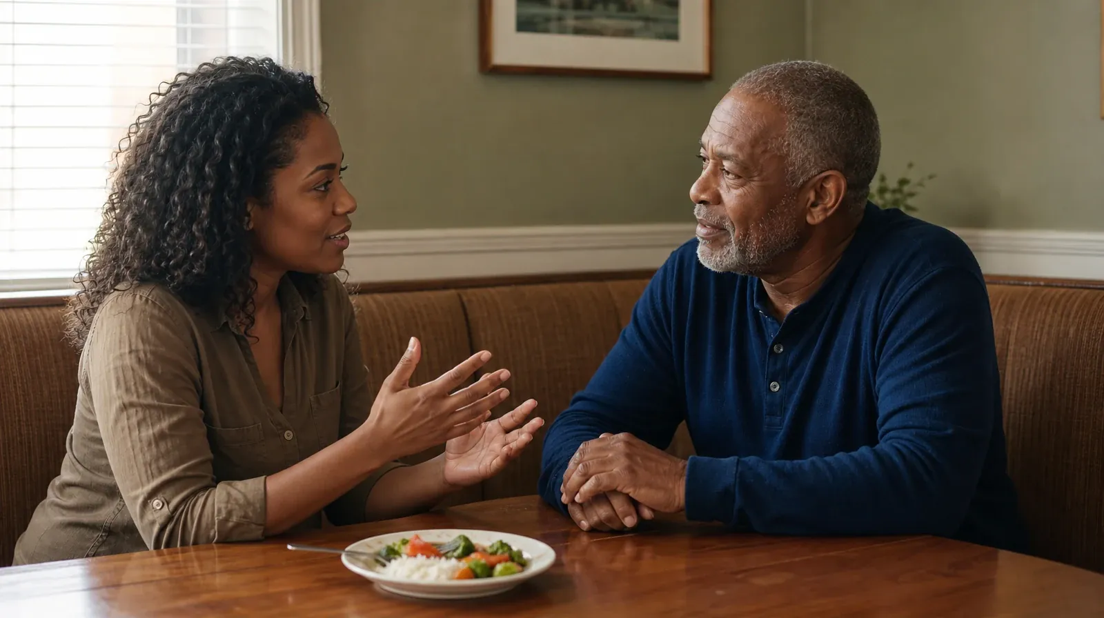 Two adult relatives talk attentively over a simple meal at a… · Nutrition support for Addiction Treatment in Miramar, FL