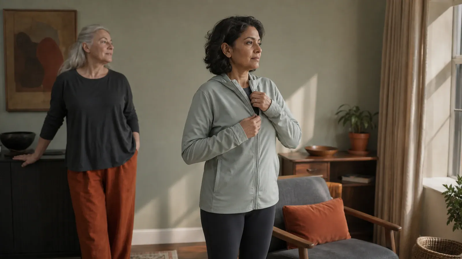 An adult zips a light jacket beside an empty chair · Privacy and Consent in Peer recovery support in South Florida