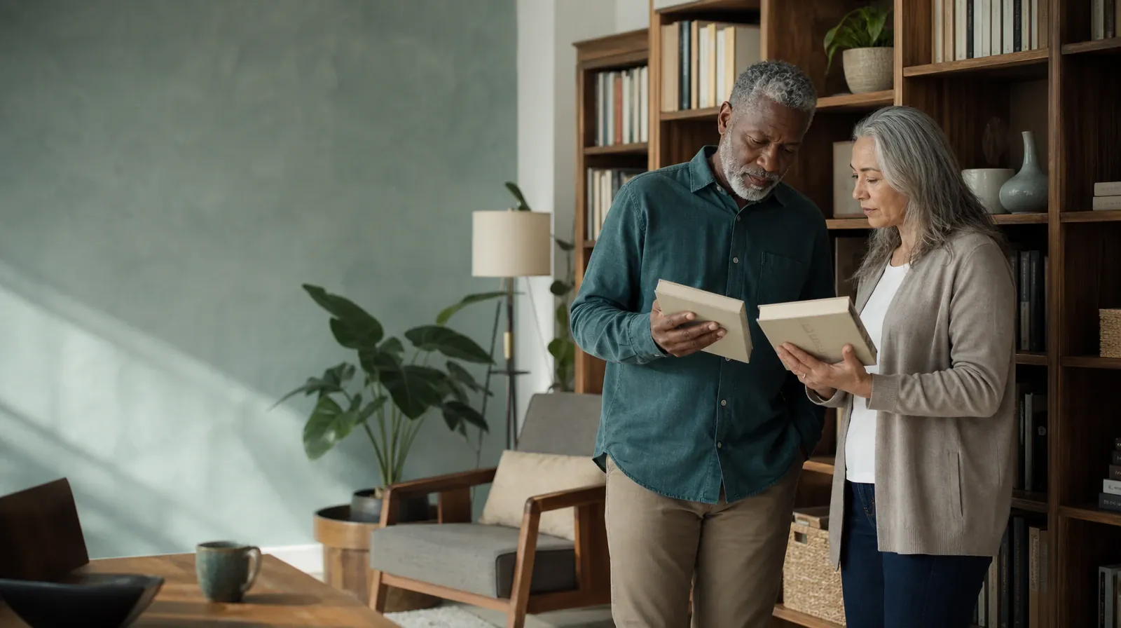 Two adults compare plain books beside a bookshelf · After Residential Care and Psychoeducation in South Florida
