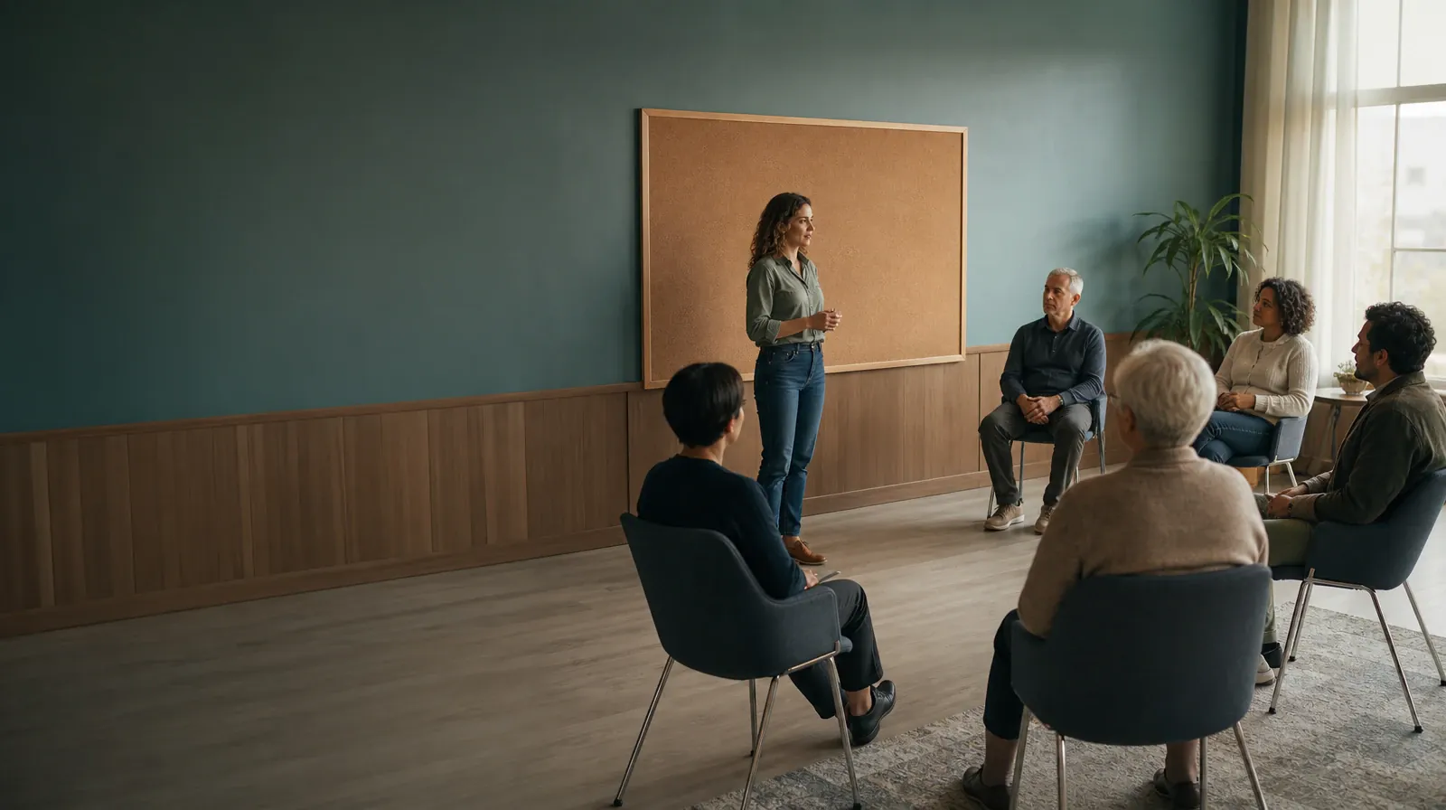 First Conversation About Psychoeducation | An adult talks beside a blank corkboard An adult talks beside a blank corkboard · First Conversation About Psychoeducation