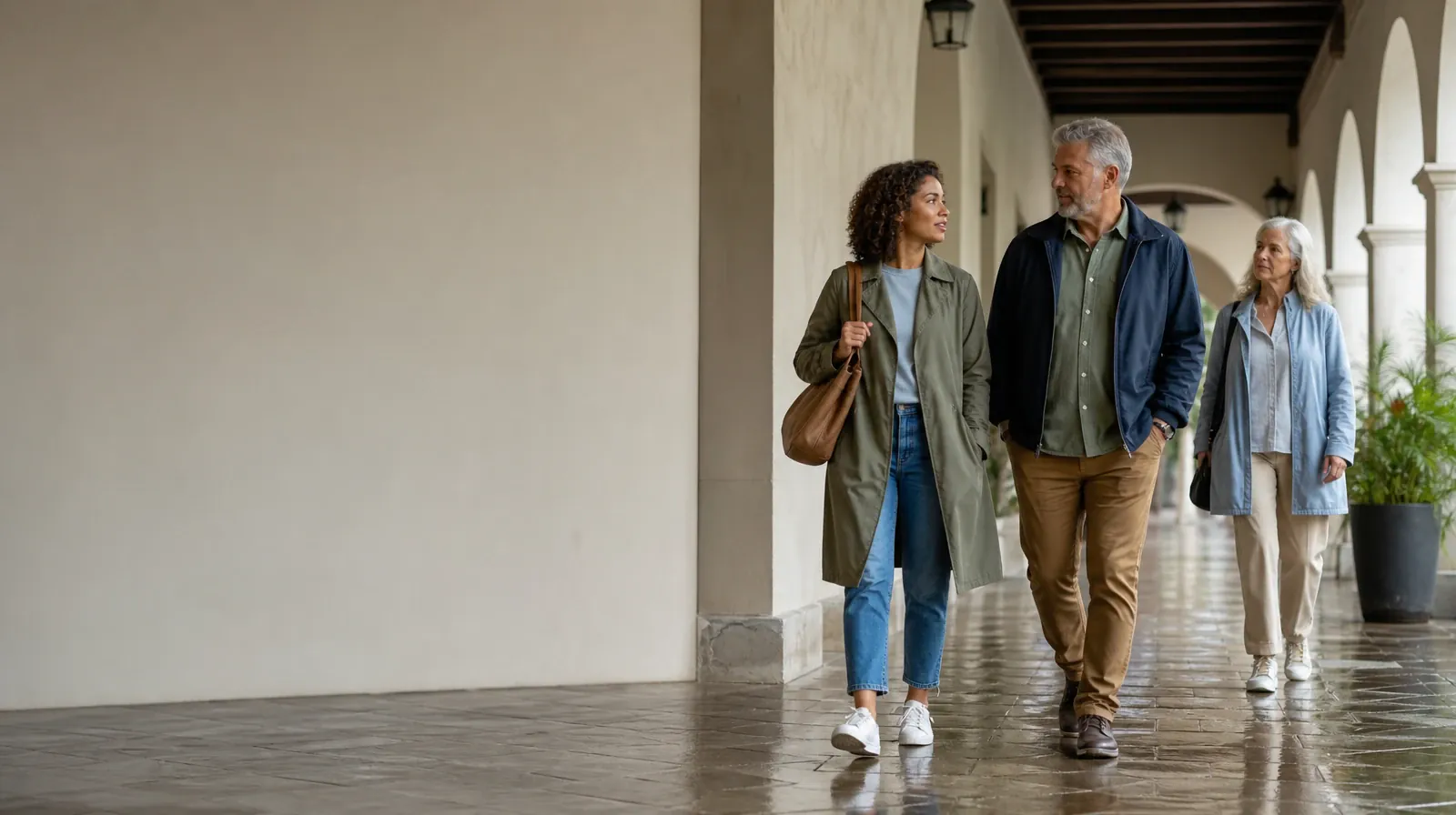 Two adults walk and talk beneath a covered arcade · Individual and Group Formats for Psychoeducation in South Florida