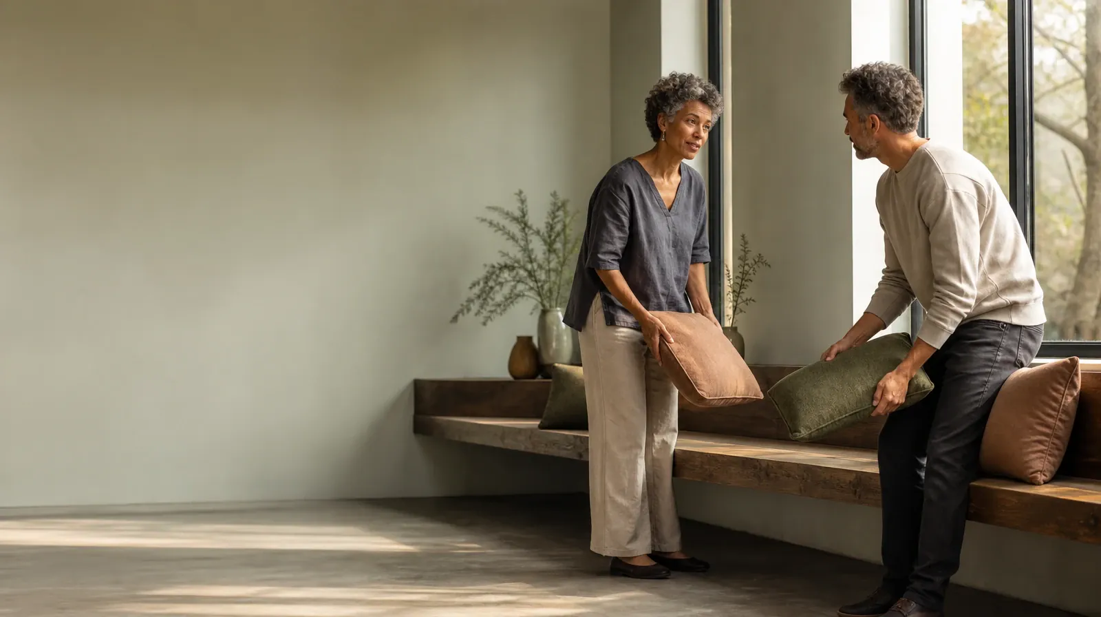 Two adults pause while arranging cushions on a bench · Reviewing Progress With Psychoeducation in South Florida