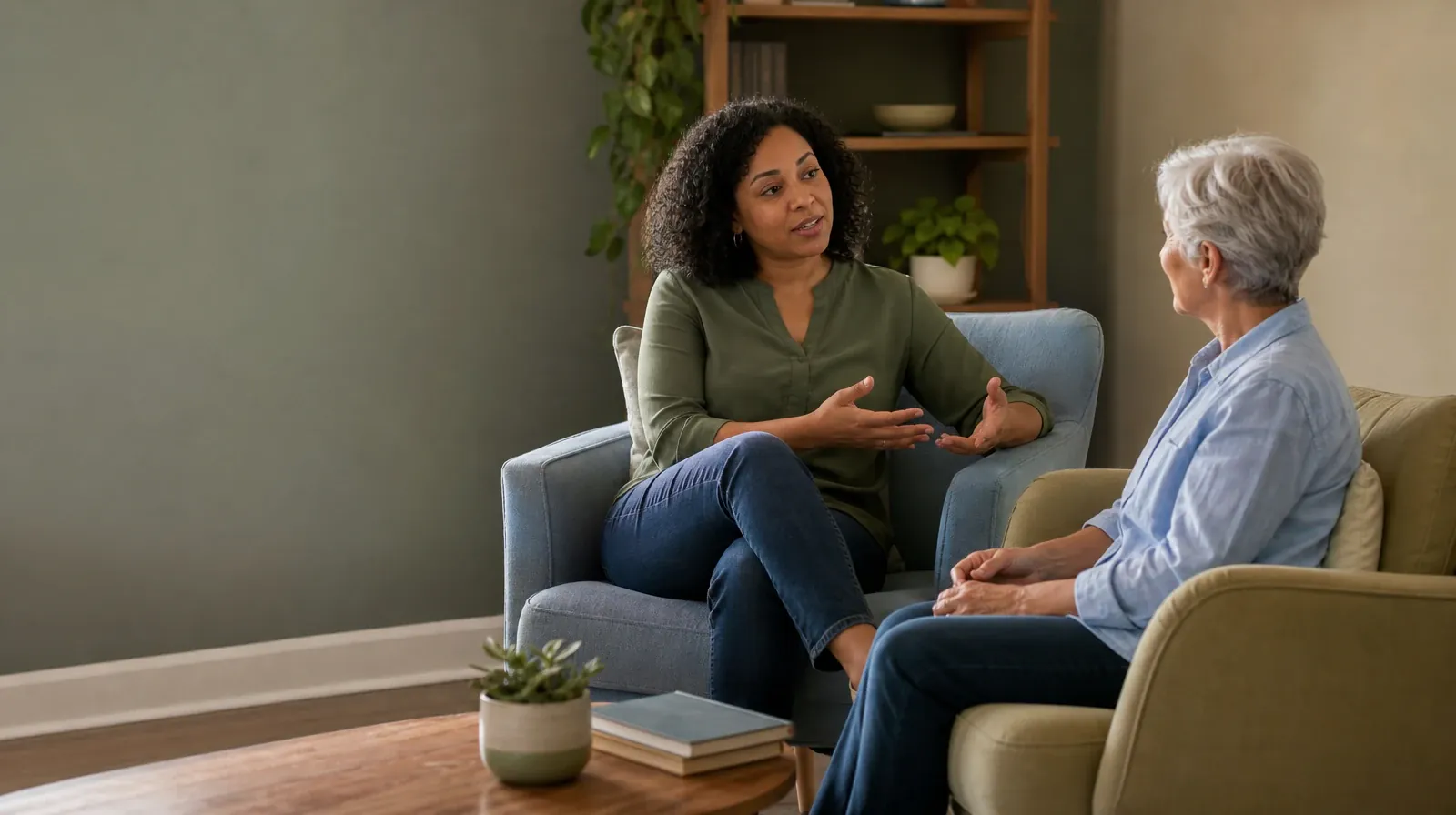 What to Expect From Psychoeducation in South Florida | Two adults talk from separate armchairs Two adults talk from separate armchairs · What to Expect From Psychoeducation in South Florida