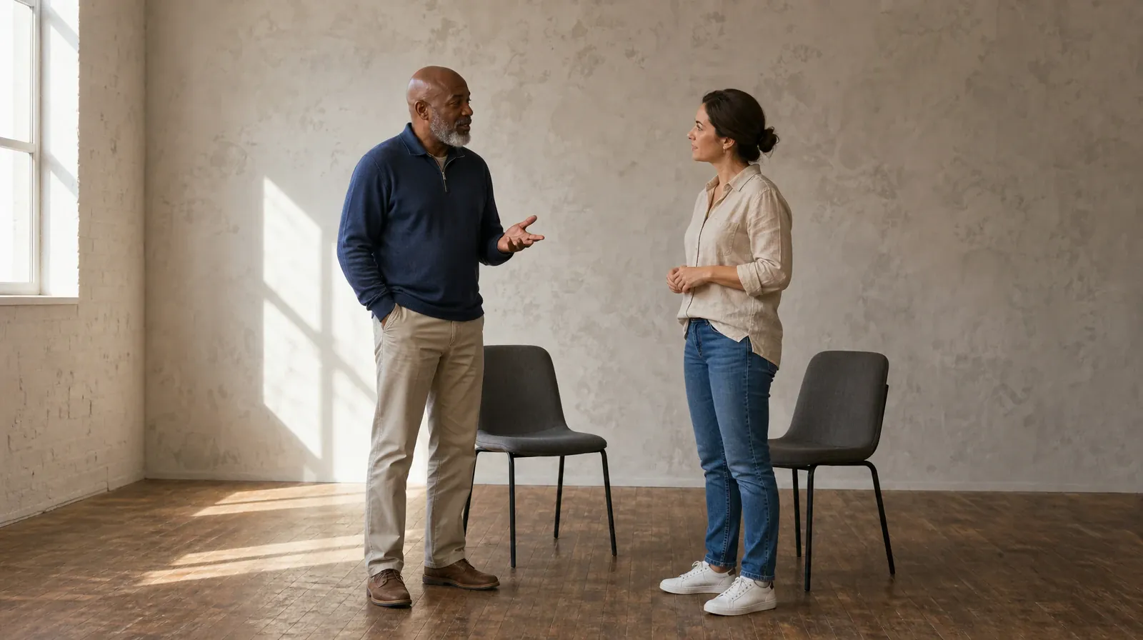 Two adults stand beside empty chairs in a plain room while one… · Psychoeducation for Addiction Treatment in Miramar, FL