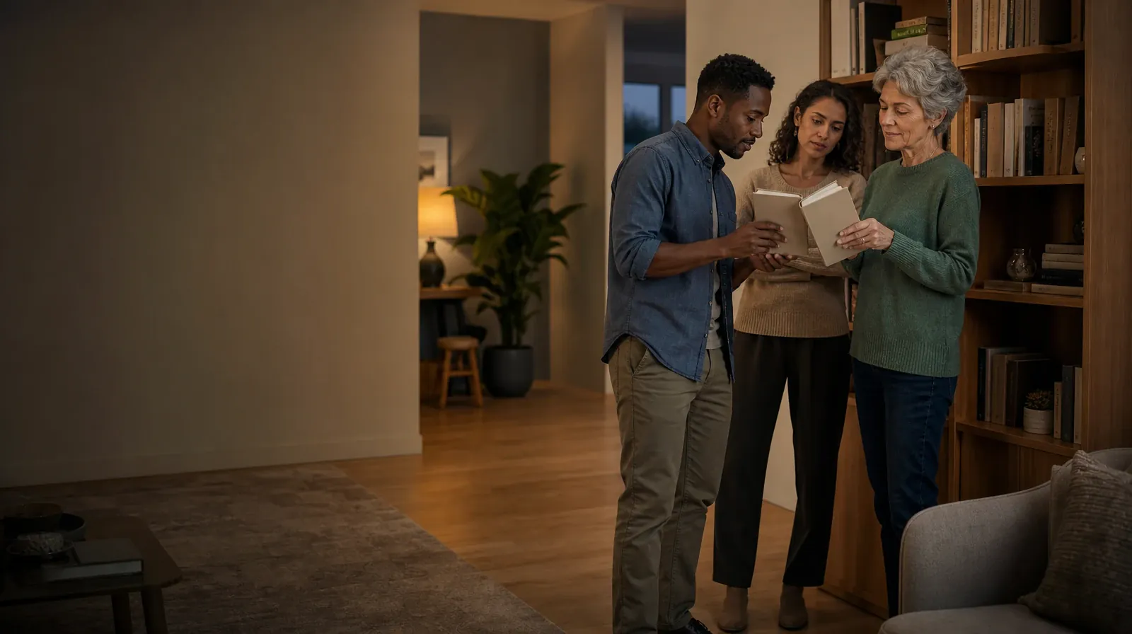 Two adults compare plain books beside a bookshelf · After Residential Care and Relapse prevention in South Florida