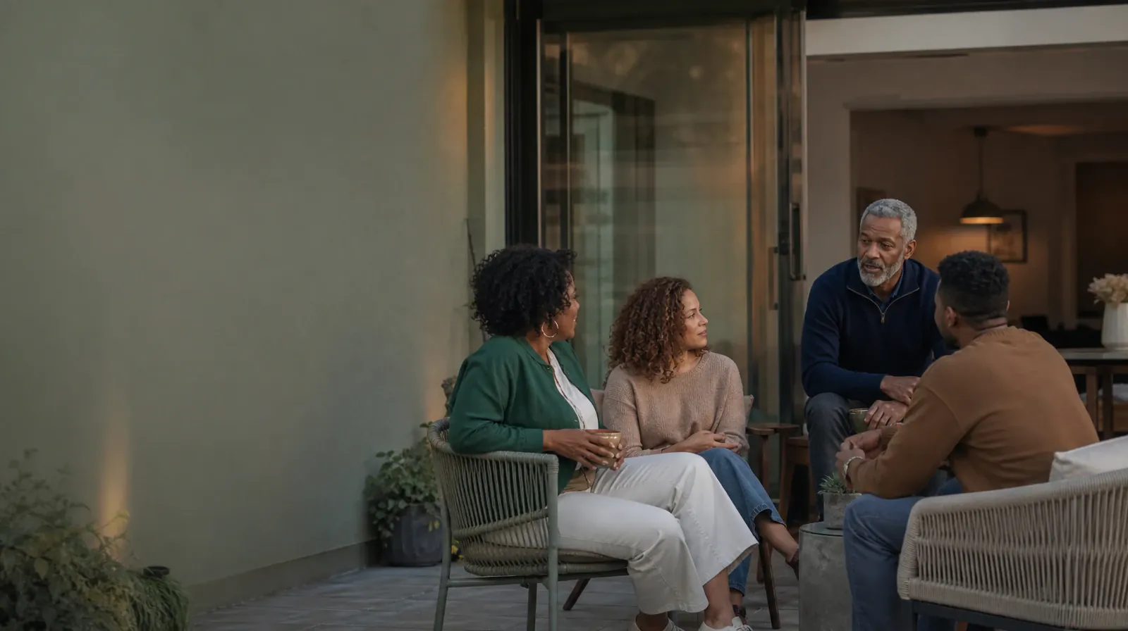 Family Involvement and Relapse prevention in South Florida | Four adults share a casual patio conversation Four adults share a casual patio conversation · Family Involvement and Relapse prevention in South Florida