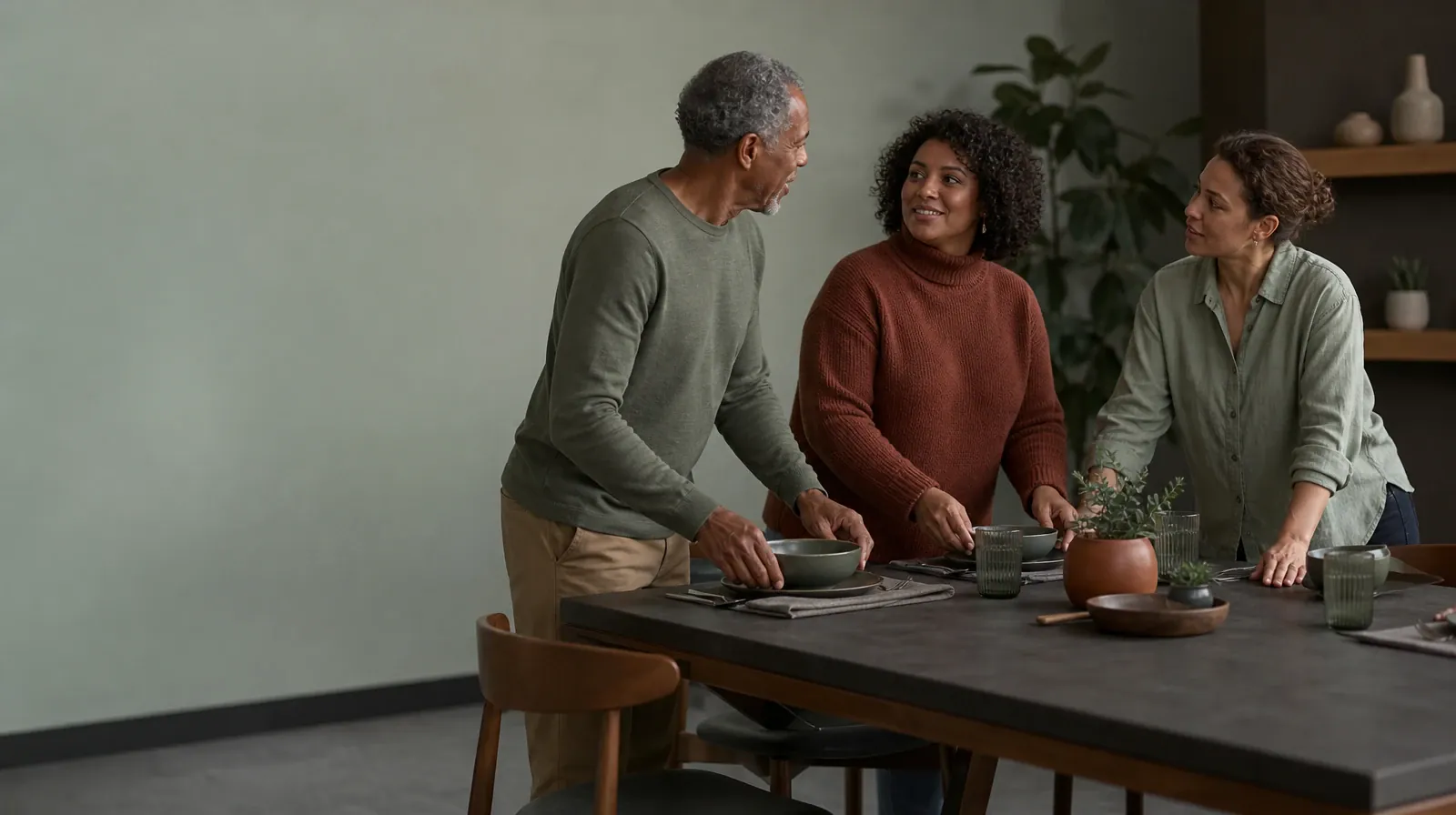 Three adults pause while setting a plain table · Questions to Ask About Relapse prevention in South Florida